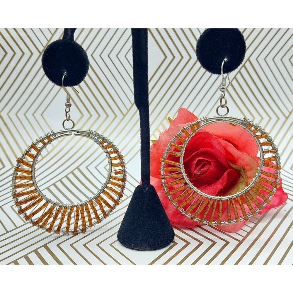 Pretty Large Silver Tone & Amber Color Seed Bead Statement Hoop Earrings Dangle